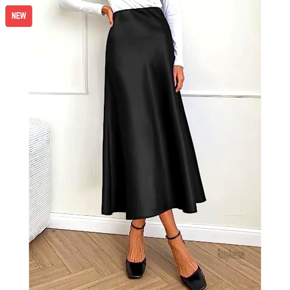 Satin Midi Skirt High Waist Elastic A-Line Cocktail Wedding Party - Picture 4 of 7